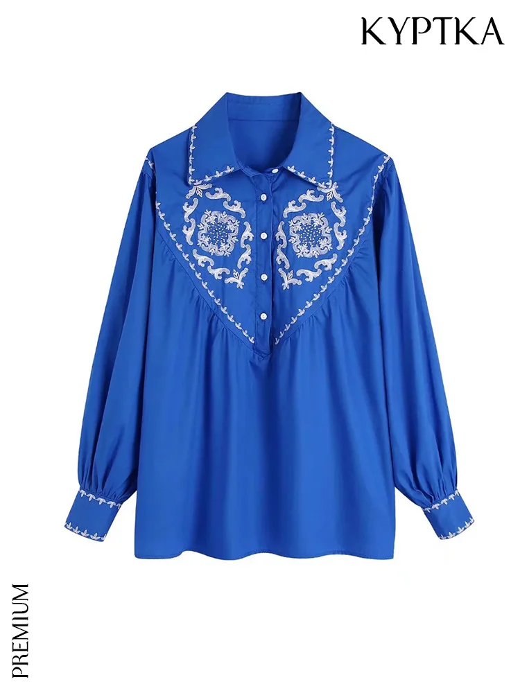 

Модная женская контрастная вышитая Свободная блузка KYPTKA в винтажном стиле с длинным рукавом и пуговицами, женские блузки, шикарные топы