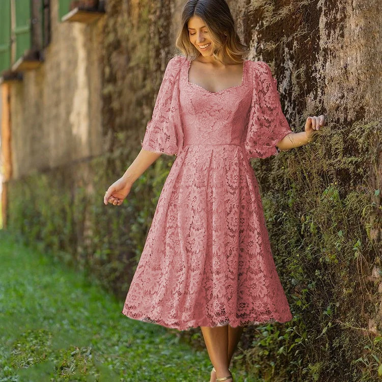 

Casual elegant slim sexy dress, Spring New Lace Dress Temperament Commuter Mid Waist White Lace Pink Lace Up Dress2023