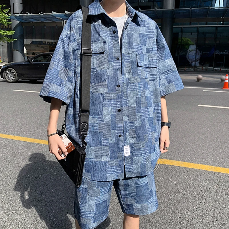 2023 Summer 2 Piece Sets Men Clothing Short Sleeve Oversized Shirts Shorts Korean Plaid Casual Hawaii Shirt Suit Y2k Streetwear
