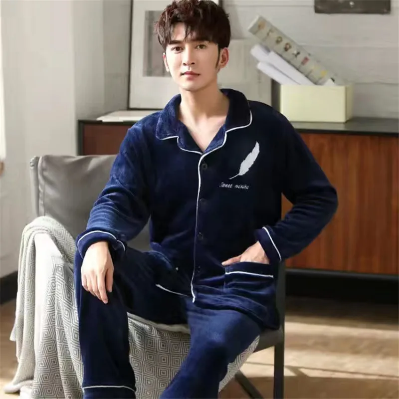 Flannel 2 Piece /Set Pajamas Sets For Men Winter Thick Warm Long Sleeve Home Clothes Sleepwear Suit Turn-Down Collar Pyjamas