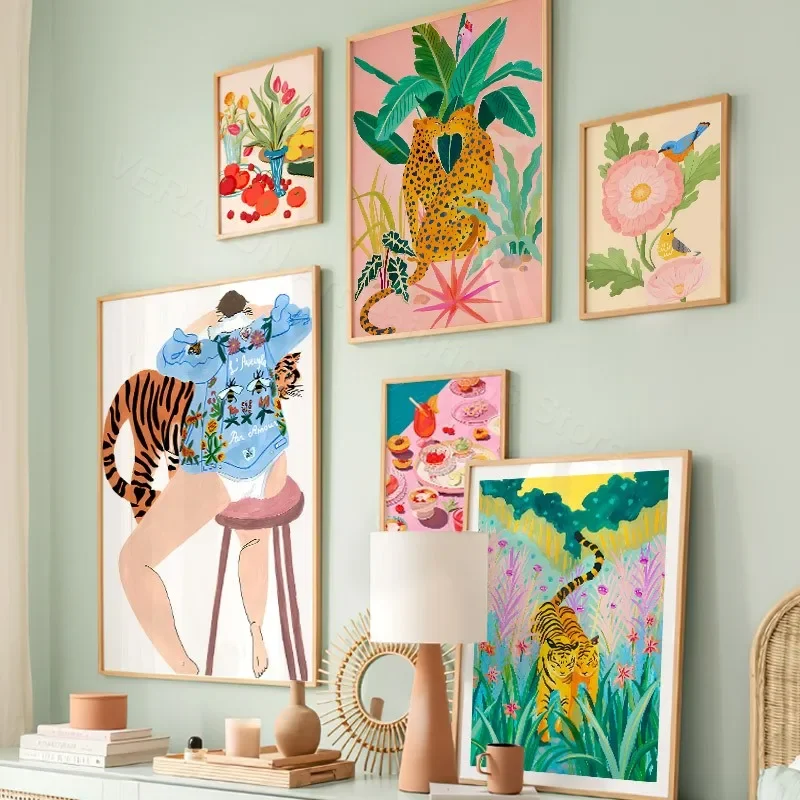 Тигр Слон Леопард птица фруктовый цветок дерево женщина настенная Картина на
