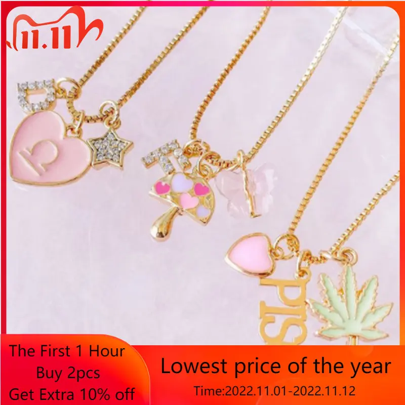 

2022 Trendy Palm Tree Heart Letter Pendant Necklaces for Women Girls Enamel Fashion Party Daily Jewelry Clavicle Chain Choker