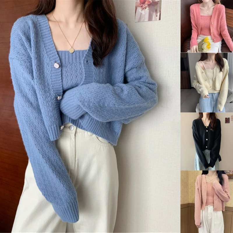 

Womens 2Pcs Knit Solid Color Sweaters Set Button Cropped Cardigan Camisole Top