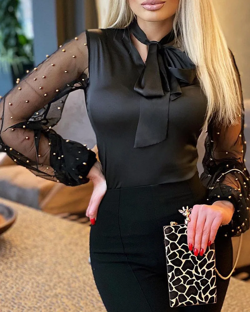 

Elegant Office Lady Bubble Bead Mesh Stitching Top 2022 Spring Summer New Korean Fashion Women‘s Blouse Chic Streetwear’