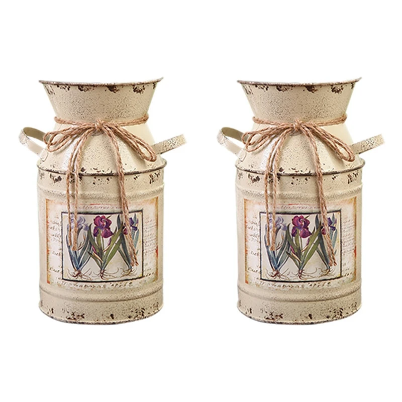 

2X Shabby Table Gift Arrangement Craft Home Decoration Vintage Pots Iron Bucket Wedding Flower Vase Rural Style -Beige