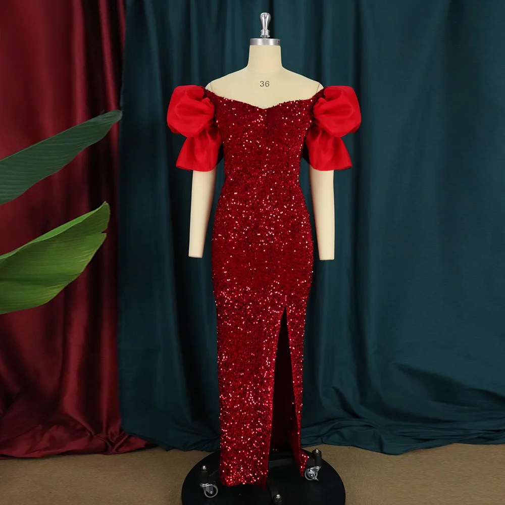 Evening Party Dresses Women Plus Size Large Sexy V-neck Fat Mm Bubble Sleeve Sequins High Waist Split Long Celebrity Dress