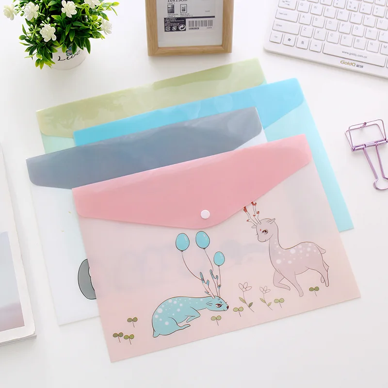 

A4 Cute Cartoon Animal File Holder Snap Button PVC Folder Pen Box Office Information Bag 1pcs