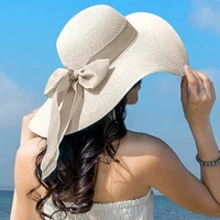 new summer women straw hat bowknot wide brim floppy panama hats female lady outdoor foldable beach sun cap
