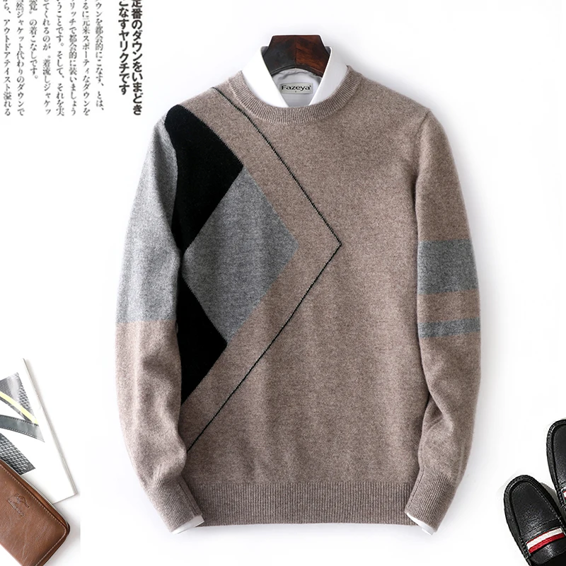 100% Cashmere Sweater Men's Round Neck Pullover Casual Patchwork Fashion Pullover Autumn / Winter New Knitted
