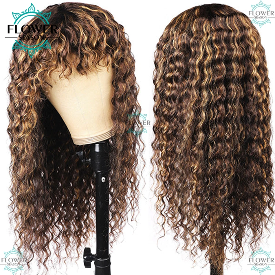 

Ombre Highlight Colored Deep Wave Wigs With Bangs 180% Full Machine Deep Wave No Lace Brazilian Hair Wig For Women Flowerseason
