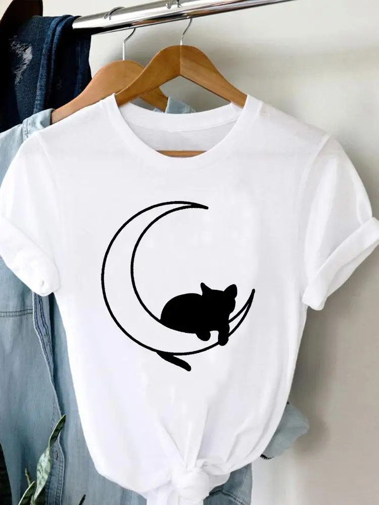 T Shirt Clothing Tee Women Cat Printing Trend 90s Style T-shirt Summer Short Sleeve Print Clothes Fashion Female Graphic Top