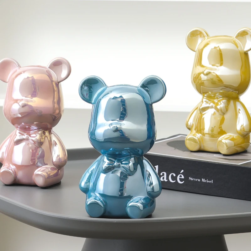 

Nordic Luxury Tie Violent Bear Figurines Ceramic Piggy Bank Cartoon Colorful Electroplating Bear Desktop Decoration Ornaments
