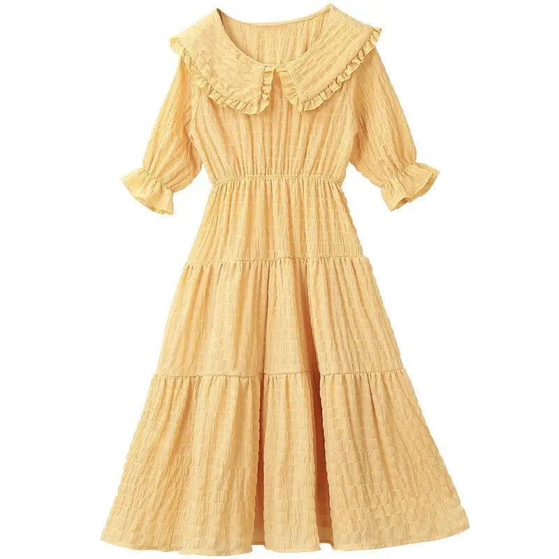 2022 New Summer Kids Dresses Lapel Tight Waist Cotton Linen Dress Children's Party 2 To 12 Years Old Puff Sleeve A-Line |