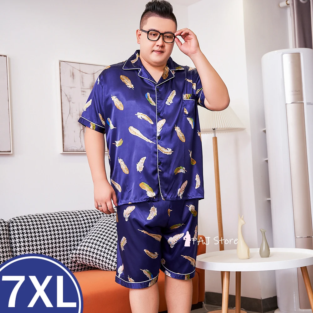 

Oversized 3XL 5XL 7XL Silk Men Large Size Pyjamas Short Sleeve Home Wear Pajamas Set Satin Sleepwear Pajama Pijamas Trousers