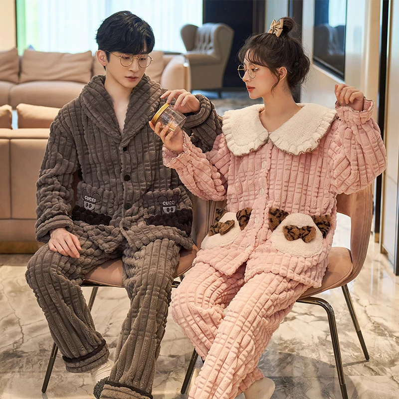 

QUHENG Autumn Winter Pyjamas Women Sets Thicken and Keep Warm Cartoon Home Wear Men Clothes Flannel Sleepwear Couple Sleepwear
