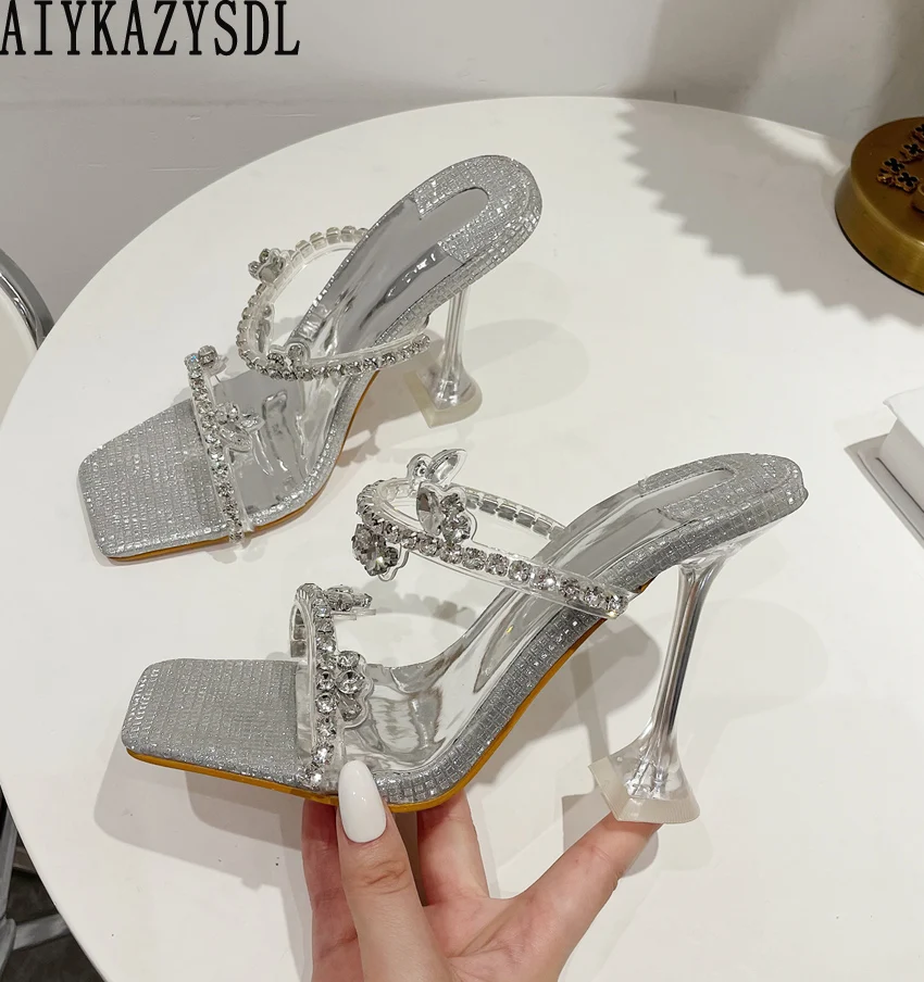 

AIYKAZYSDL Crystal Rhinestone Mules Slides Women Sandals Bling Square Toe Clear Transparent High Heel Shoes Slippers Pumps 2022