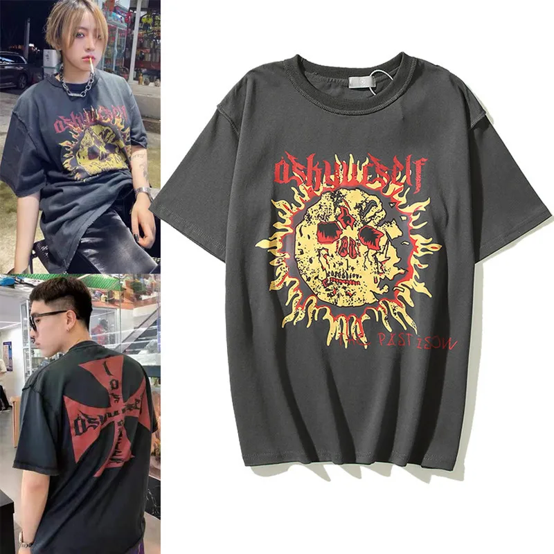 

Летняя новая Мужская модная футболка Kanye West с принтом солнца, черепа и Креста, Мужская свободная футболка с круглым вырезом и коротким рукав...