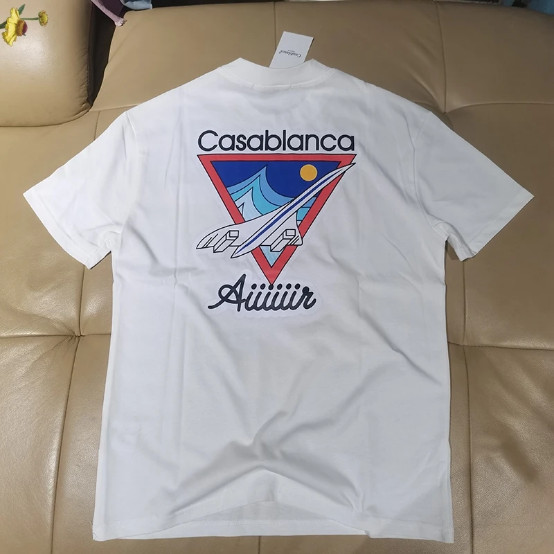 

Casablanca 2023 Summer New Aircraft Cartoon T Shirt Men Causal O-neck Basic T-shirt Male High Quality Fashion Tops