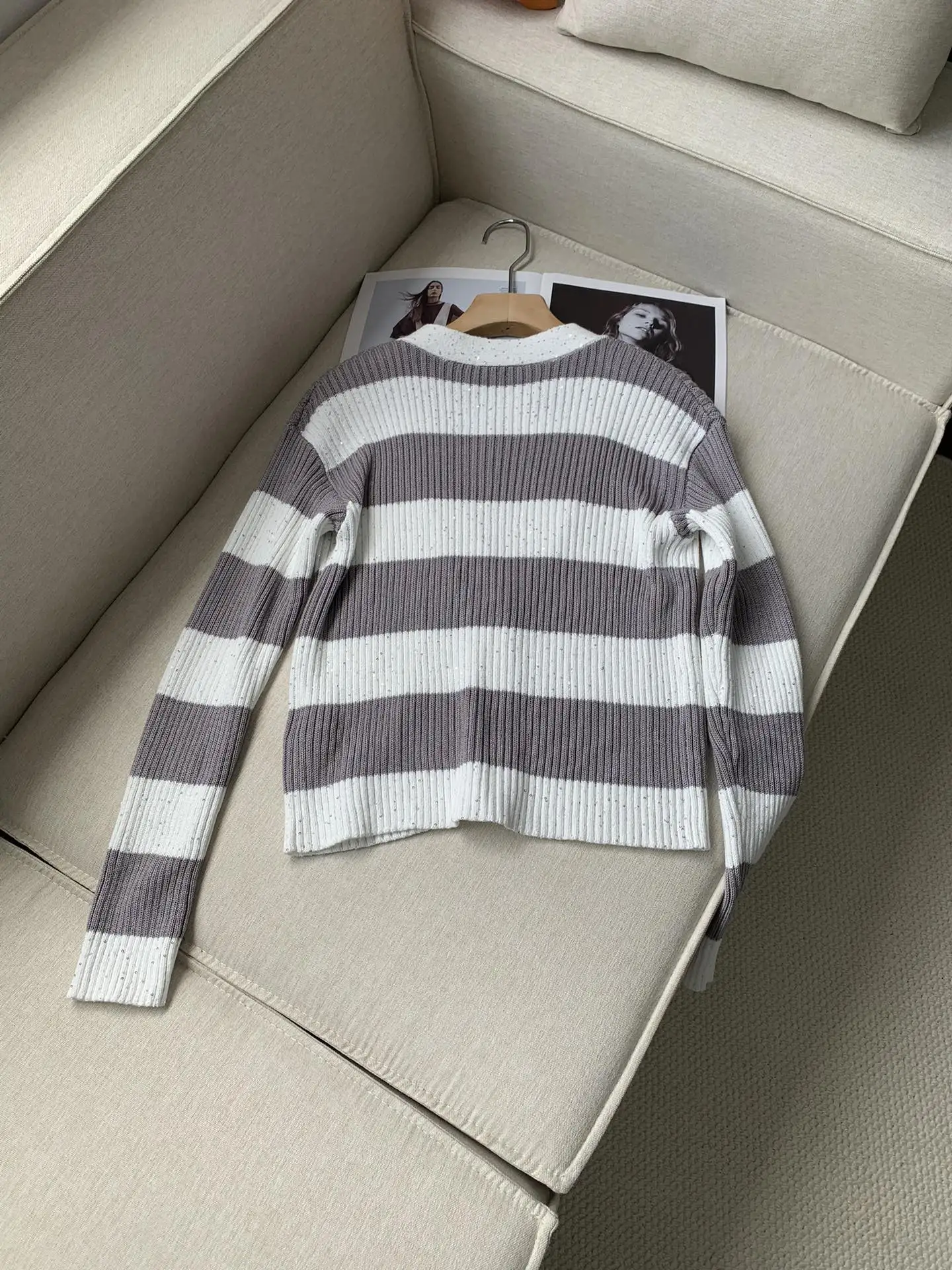 Осенний женский кардиган B * C Хлопковый вязаный свитер в полоску с длинным