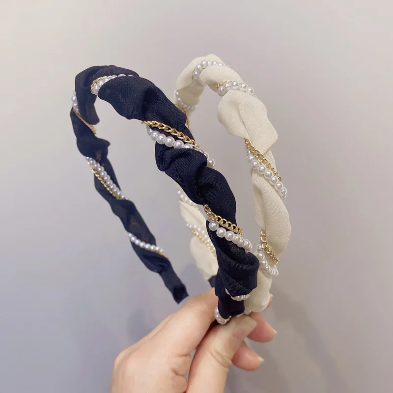 

Pearl Headband Women Sweet Hair Ornament Pearl Chain Winding Head Hoop Fashion Braided Hairband with Crystal Bow Hair Accessorie