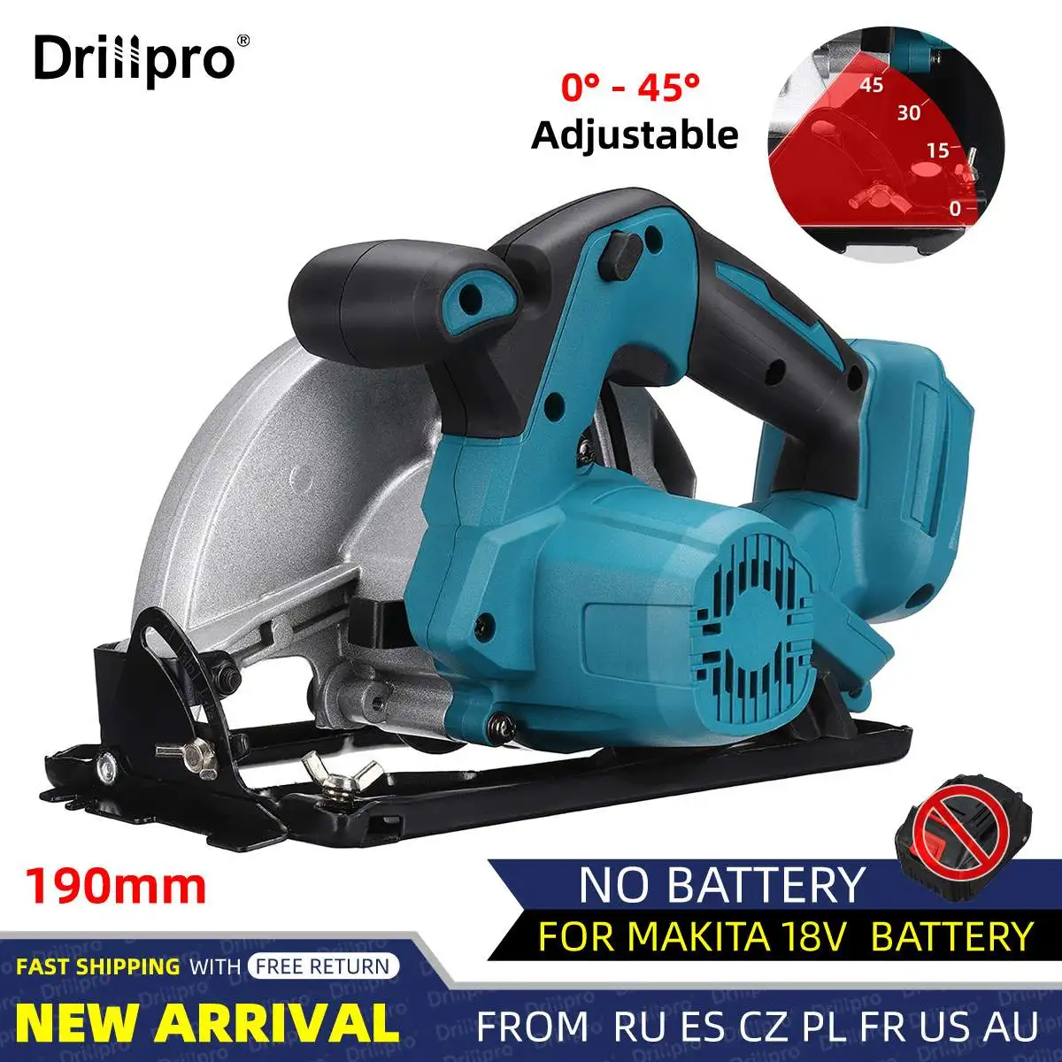 

Электрическая циркулярная пила Drillpro, 190 мм, 0-45 °, с регулируемым углом