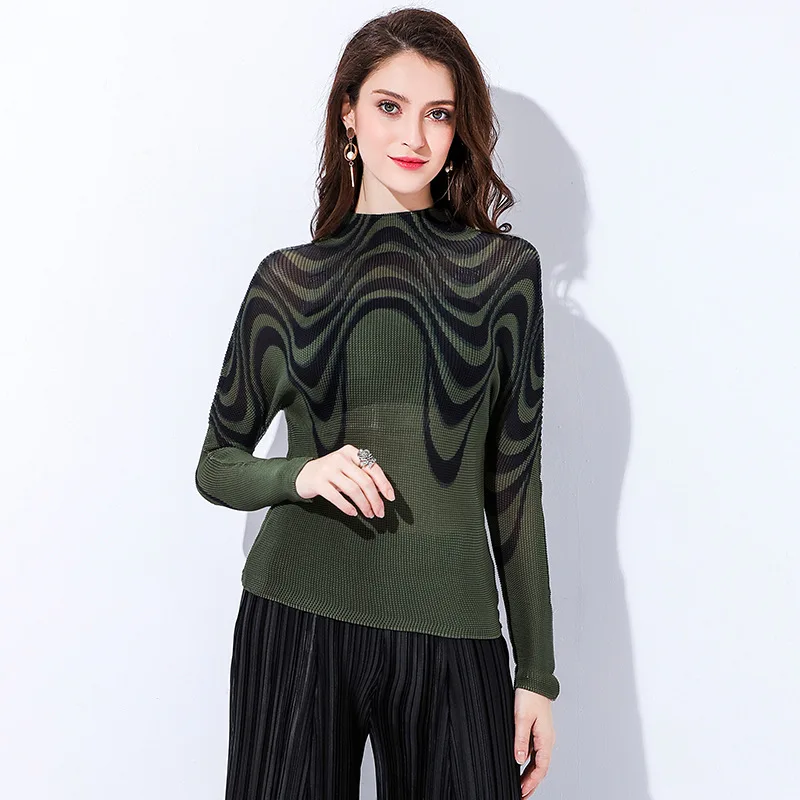 Miyake плиссированный топ модный женский с длинными рукавами и принтом