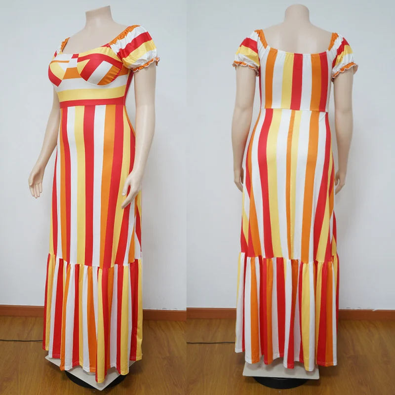 Plus Size New Fashion Spring/summer Large Women's Colorful Stripe Print Loose Short Sleeve Large Swing 3xl 4xl 5xl 6xl
