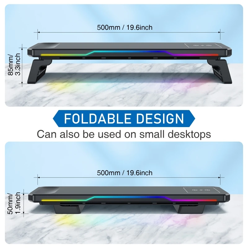 Фото Подставка для компьютера с беспроводной зарядкой и подсветкой RGB Подставка для монитора Офисная док-станция Многофункциональный складной настольный органайзер №3