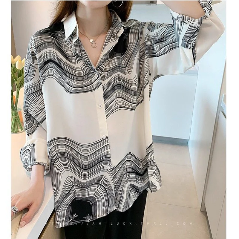 

Vintage Blouses for Women Shirts Autumn Korean Fashion Loose Versatile Office Lady Print Casual Long Sleeve Shirt Top Female