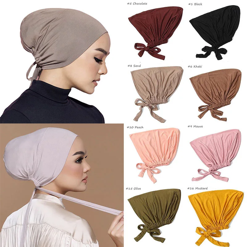 

Muslim Classic Headcover Undercap With Rope Turban Hat Hijab Inner Cap Islamic Mujer Women Underscarf Modal Solid Soft