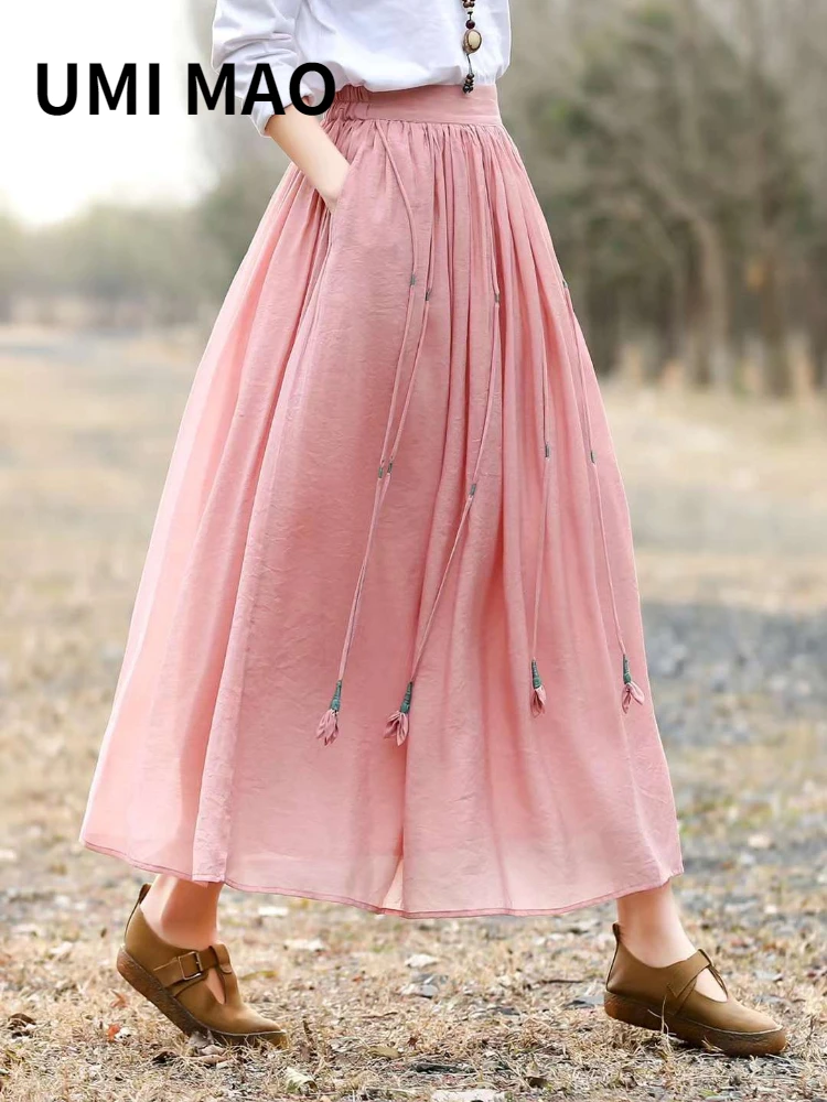 

UMI MAO Chinese Ethnic Style Spring Summer New Literary Elastic Waist Tassel Decorative Cotton Linen Large Swing Long Skirt