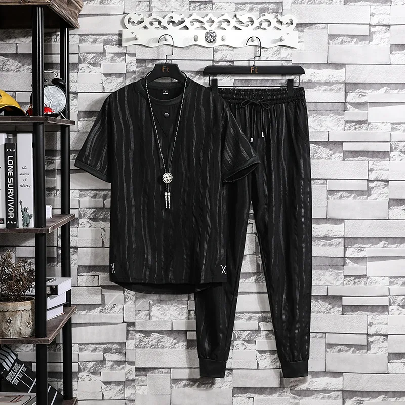 Casual suit summer loose new men's short sleeveTT-shirt pants with drawstring sports fashion clothes men's casual