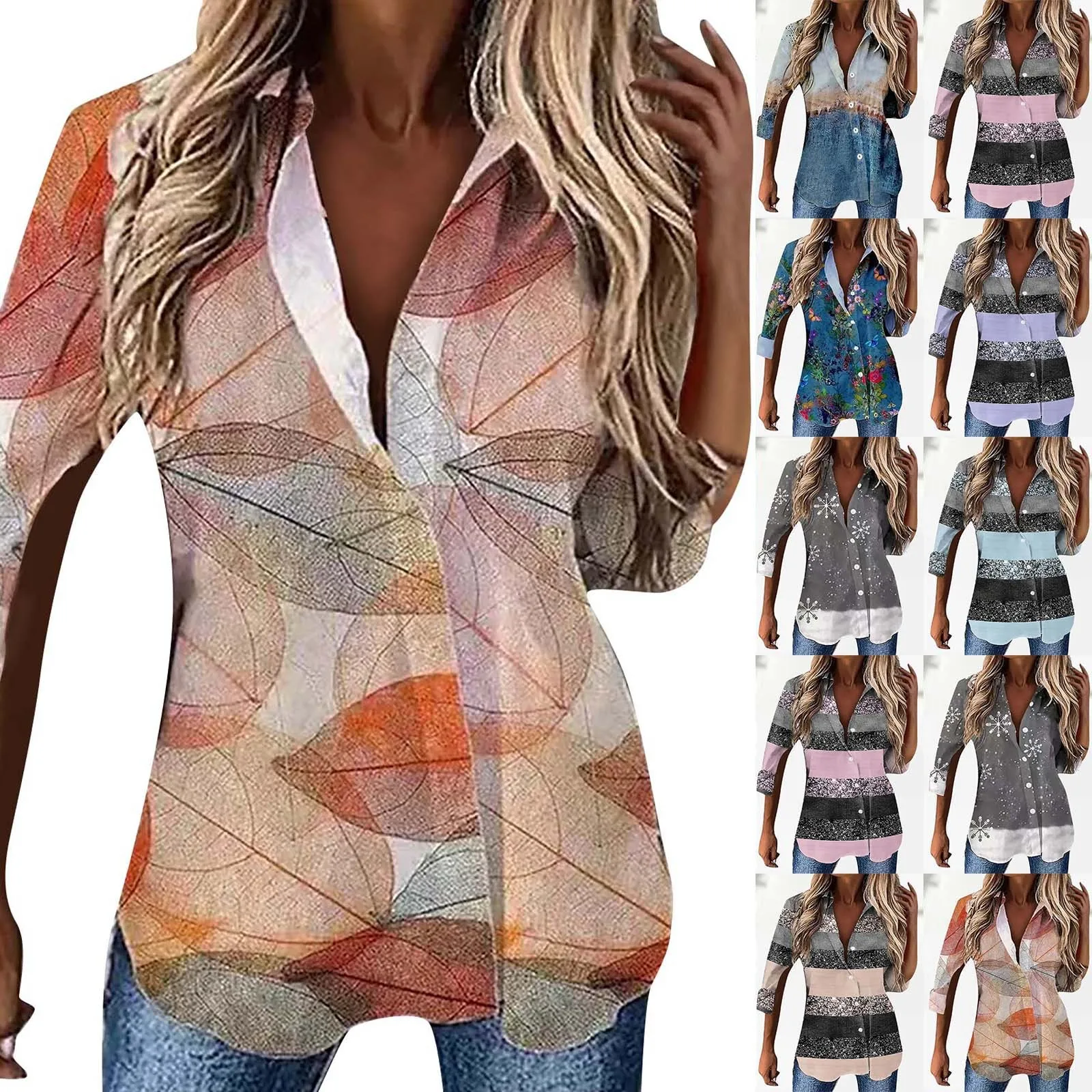 

Fashion Vintage Printed Polyester Shirt Women's Lapel Long Sleeve Button Casual Blouse Elegant Lady Office Plus Size Top