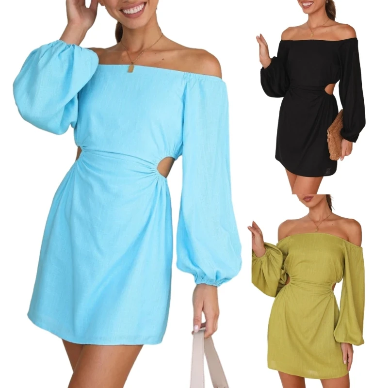 

New style Waist Openwork Solid Off Shoulder Dress Hollows Short Obove Knees Long Sleeves Dresses for Summer Women Office Daily