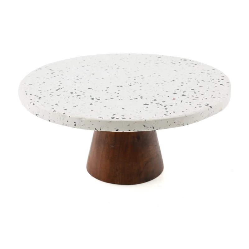 

White Terrazzo Dessert Stand with Dark Walnut Acacia Wood Base