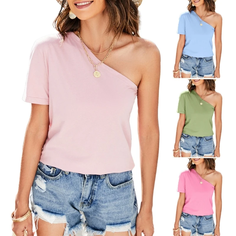 

Women Irregular Blouses One Shoulder Short Sleeve Shirt Skews Shoulder Top