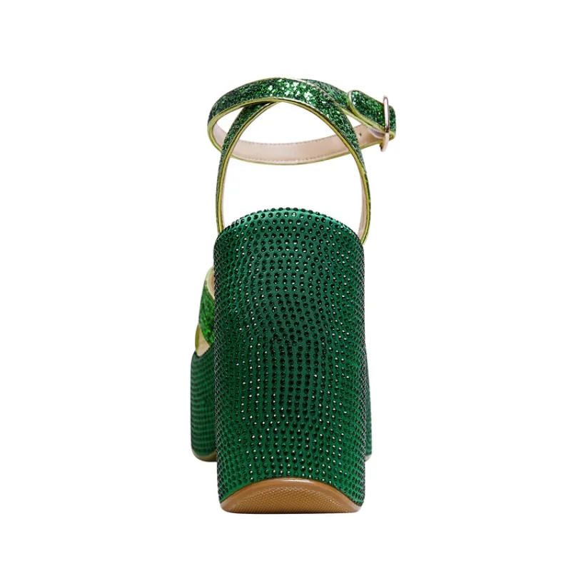 2023 Summer New Round Head One Word Buckle Rhineshew Super High Heel Thick Sole Large Size Sandals Woman M6022