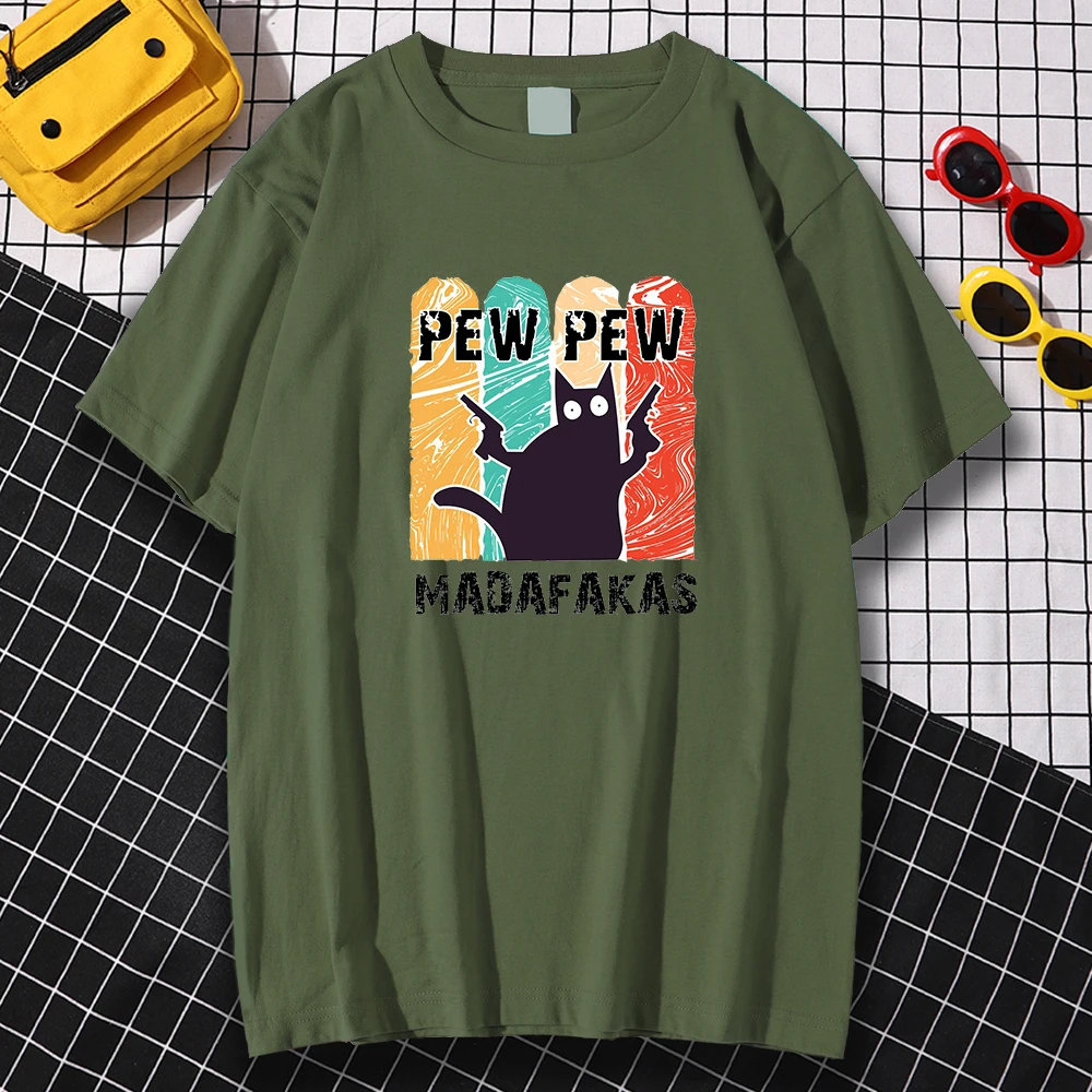 

Pew Pew Madafakas Black Cat Print T-Shirt Men Vintage Tee Clothes Loose Summer Crewneck Tops Harajuku Oversized Men T-Shirts