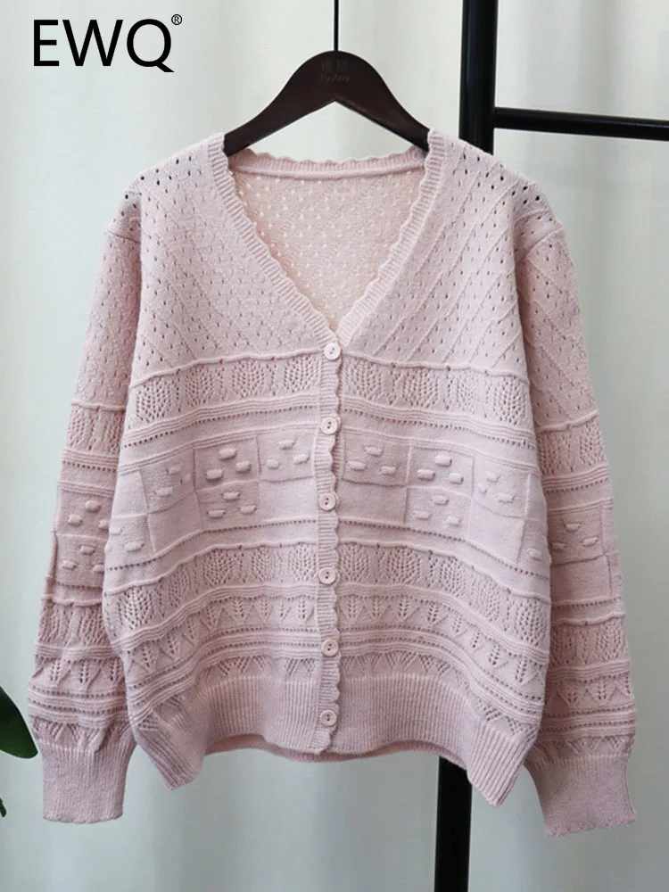 

EWQ Sweet Style Korean Chic Women Cardigan Sweater Hollow Out Knitted Single-breasted Solid Color Sweaters Autumn 2023 New 3305
