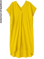 pailete women 2022 fashion loose asymmetrical linen midi dress vintage v neck short sleeve female dresses vestidos mujer