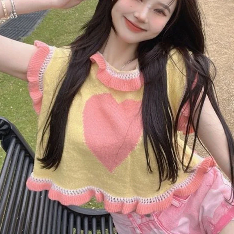 Винтажный свитер жилет для женщин эстетический кавайный принт с оборками летняя