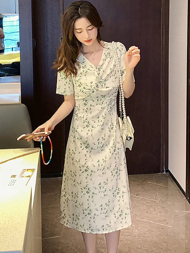 

Женское шифоновое платье миди с коротким рукавом и принтом в стиле бохо, летнее модное шикарное Плиссированное Платье, корейское винтажное элегантное роскошное платье для выпускного вечера, 2023