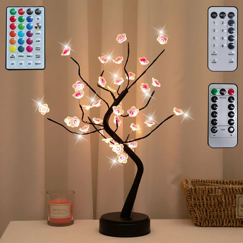 Luces LED de noche para decoración del hogar, Mini árbol de ciruela, lámpara de mesa, guirnalda de luces de hadas, regalos, habitación interior, Ramadán, 2022