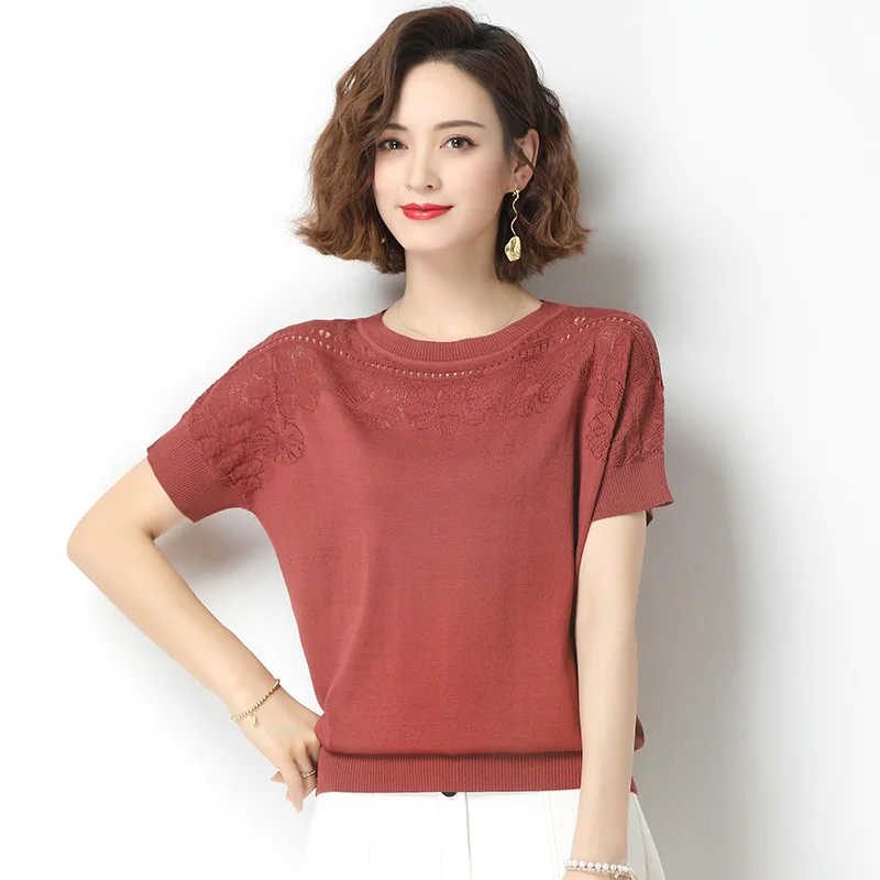 

Lace Flowers Hollow Out Summer Short Sleeve Pullover Women Cotton Eyelet Sexy Elasticity O-Neck Sweater Female Blue Knitted Tops