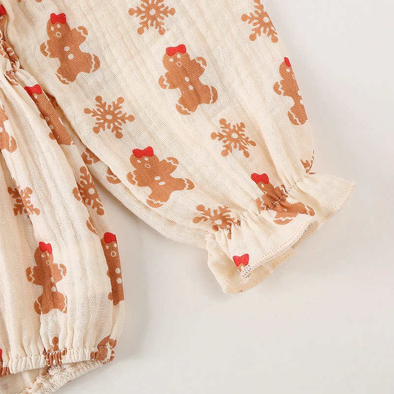 Baby Girls Christmas Romper Gingerbread Man Print Long Sleeve Jumpsuits and Cute Headband Set for Toddler Infant