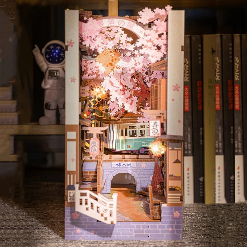 

DIY Wooden Book Nook Shelf Insert Kits Miniature Cherry Blossom Bookends Japanese Doll Houses Toys Bookshelf Gifts Home Decor