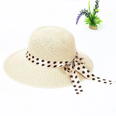 Соломенная шляпа с широкими полями для девушек, Пляжная Панама с лентой и бантом, с плоским верхом, летняя солнцезащитная Кепка для отдыха, женская