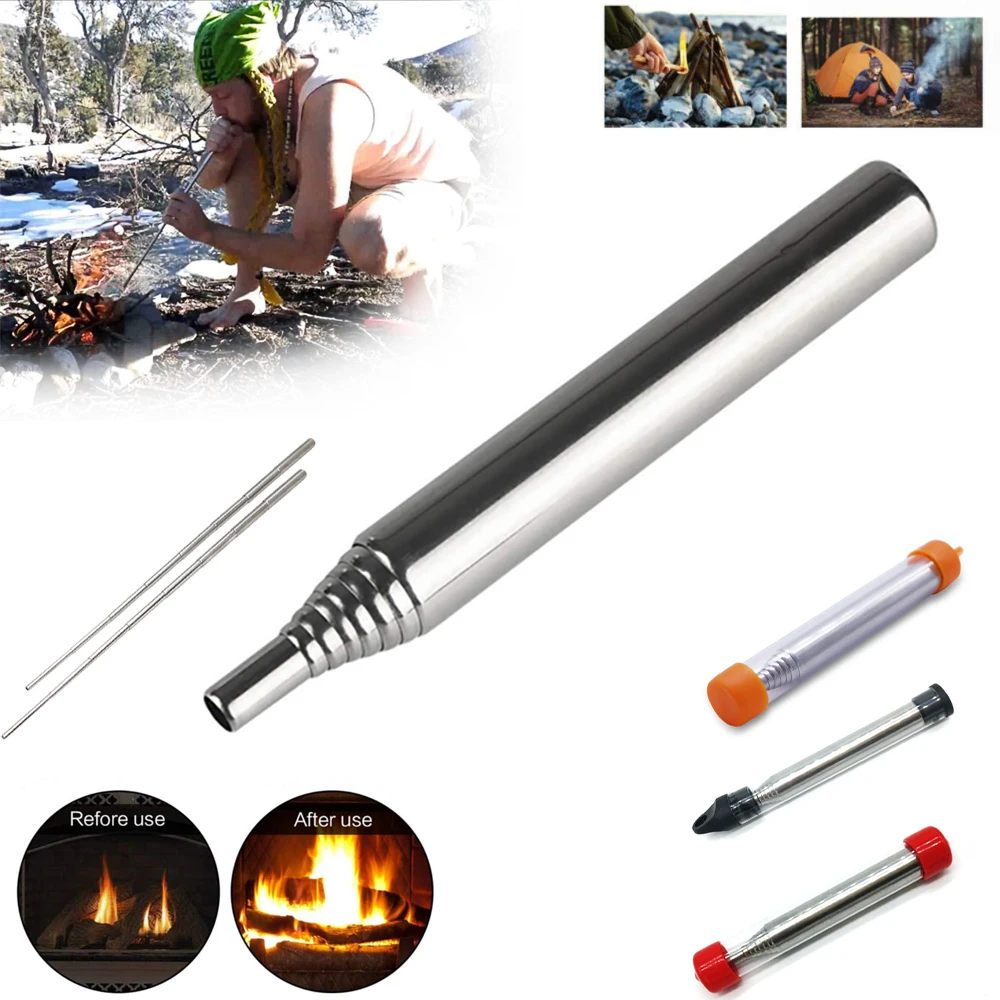 Outdoor Cooking Blow Fire Tube Stainless Steel Adjustable Torch Pocket Bellow Camping Blowing Fire Stick Survival Tools