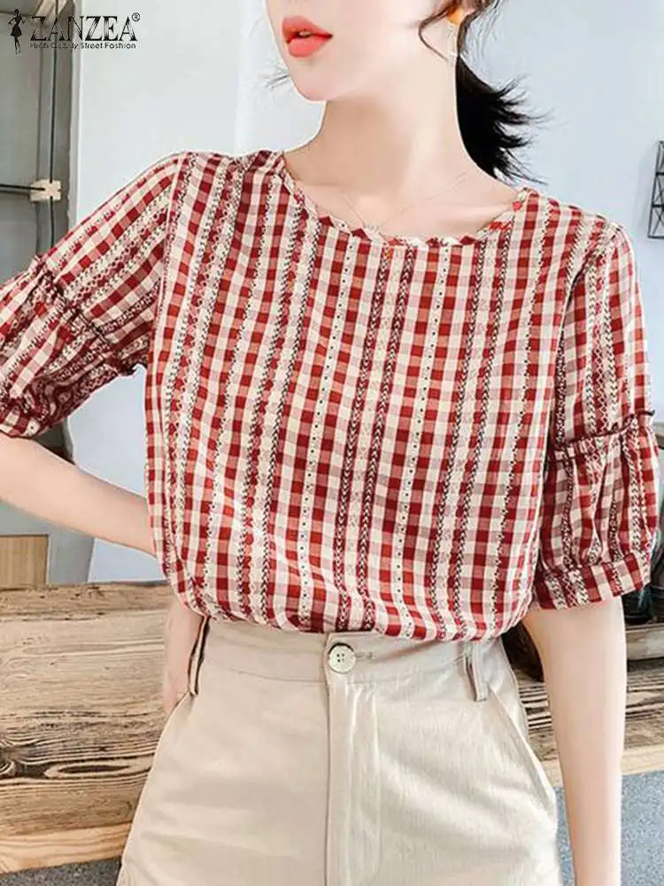 Летняя Блузка ZANZEA женские элегантные топы в клетку с рукавами-фонариками