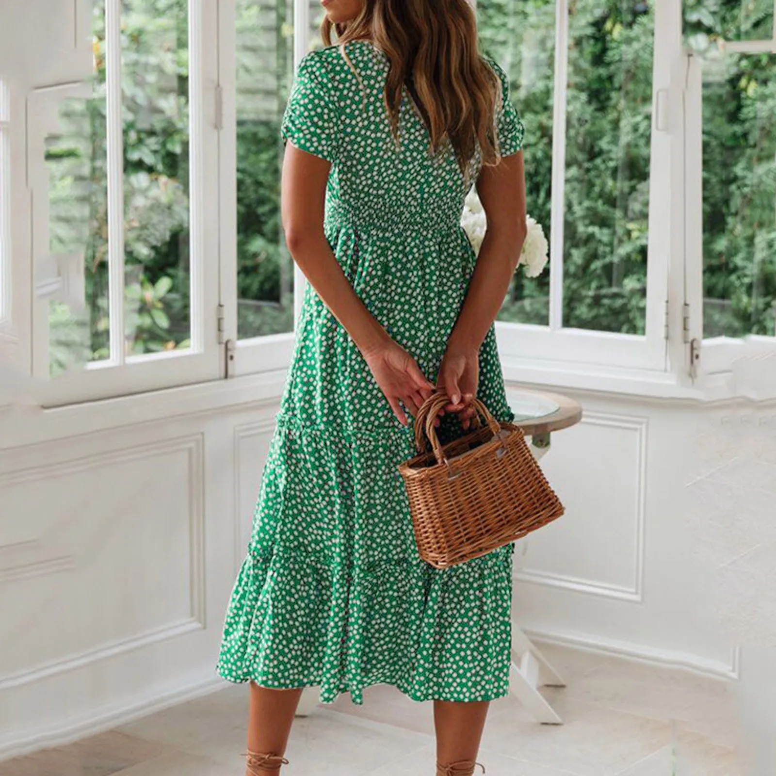 Женское Повседневное платье с цветочным принтом желтое пляжное миди квадратным